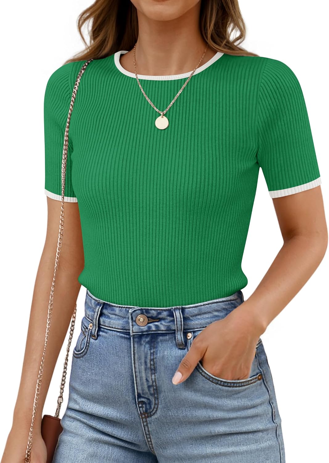 Women's Short Sleeve Crewneck T Shirt 2026 Summer Ribbed Knit Slim Fit Basic Solid Color Tee Tops