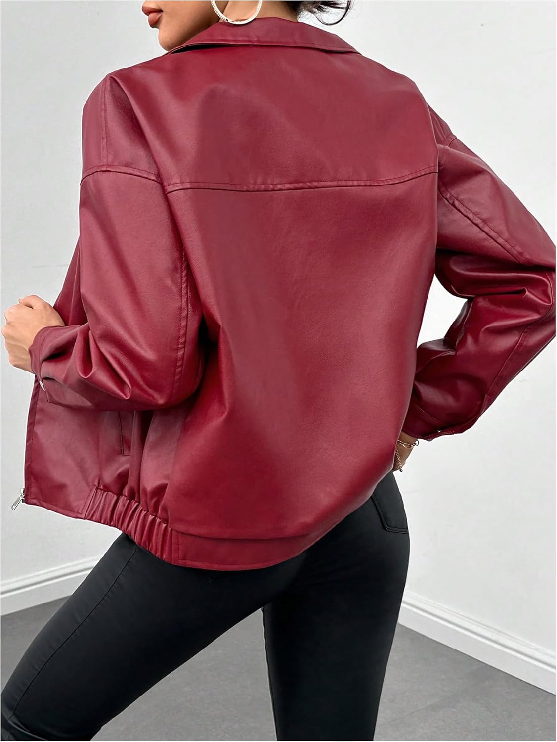 Women's Faux Leather Long Sleeve Zip Up Motorcycle Jacket Biker Coat - Image 2