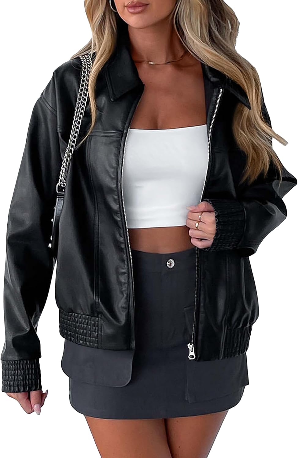 Women's Faux Leather Jackets 2026 Spring Bomber Jacket Zip Up Motorcycle Coats Long Sleeve Winter Clothes