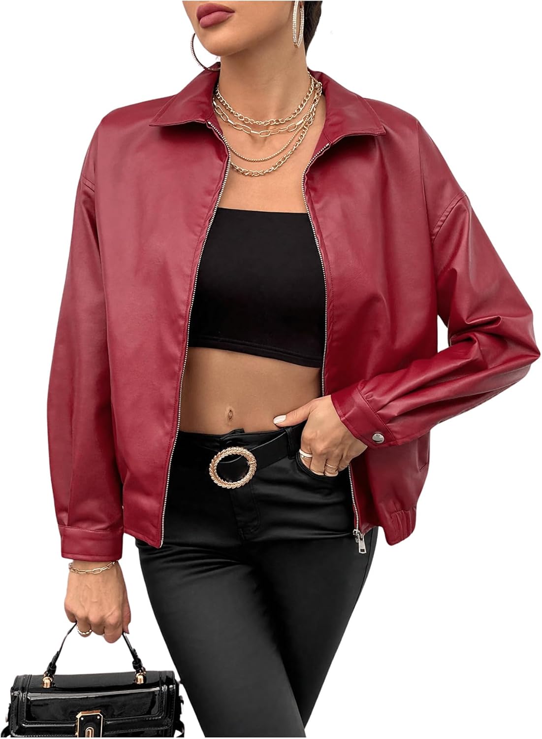 Women's Faux Leather Long Sleeve Zip Up Motorcycle Jacket Biker Coat