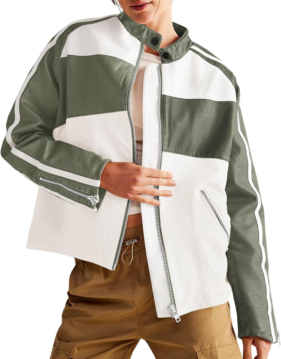 Womens Faux Leather Jackets Casual Oversized Zip Up Color Block Motorcycle Biker PU Coats