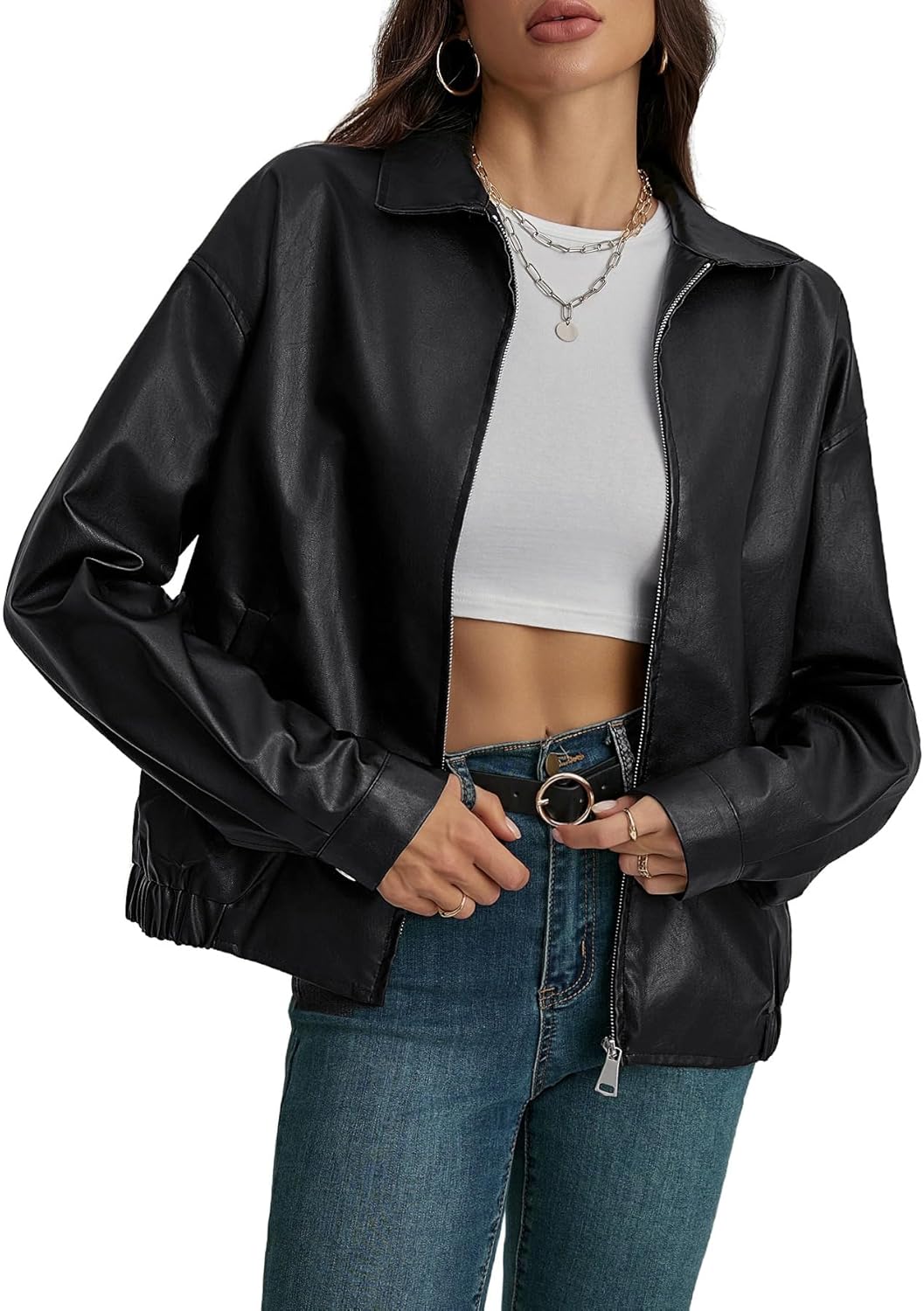 Women's Faux Leather Long Sleeve Zip Up Motorcycle Jacket Biker Coat