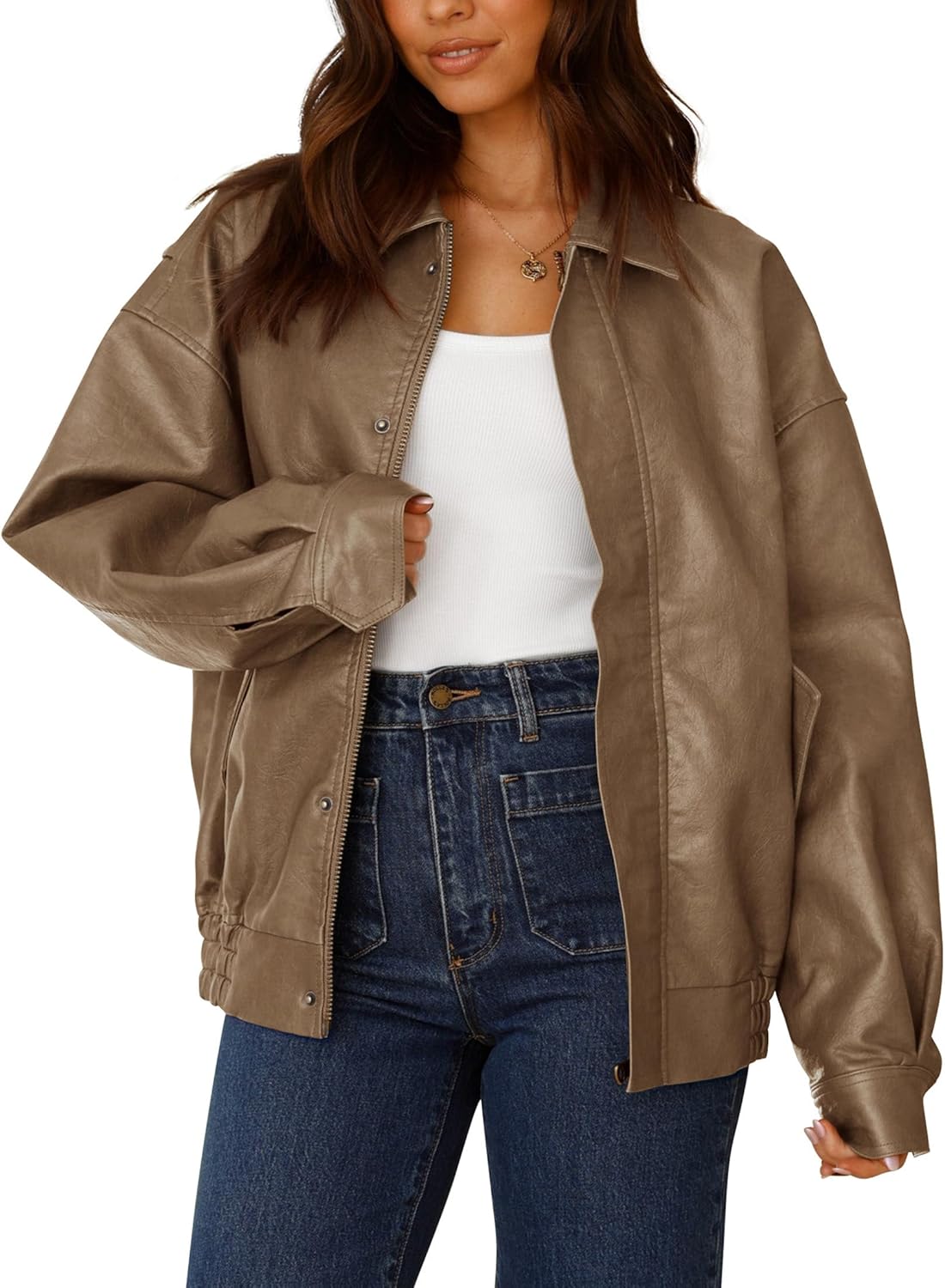 Women's Faux Leather Motorcycle Jacket Trendy Fall Spring Clothes Oversized Zip Up Winter Coat Outerwear