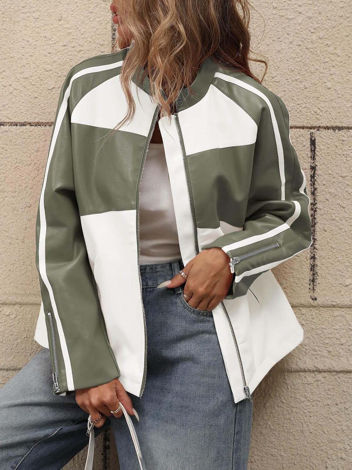 Womens Faux Leather Jackets Casual Oversized Zip Up Color Block Motorcycle Biker PU Coats - Image 2