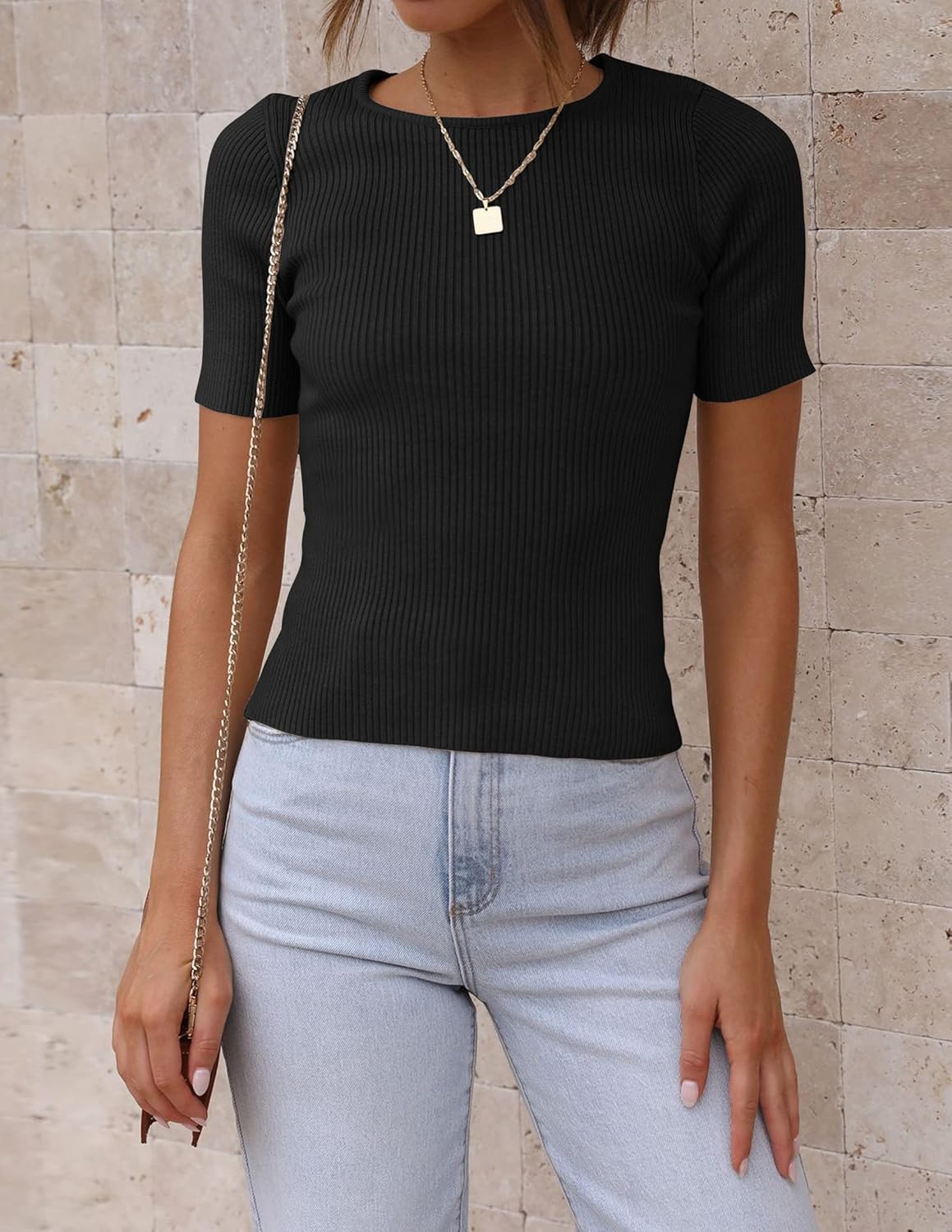 Women's Short Sleeve Crewneck T Shirt 2026 Summer Ribbed Knit Slim Fit Basic Solid Color Tee Tops - Image 2